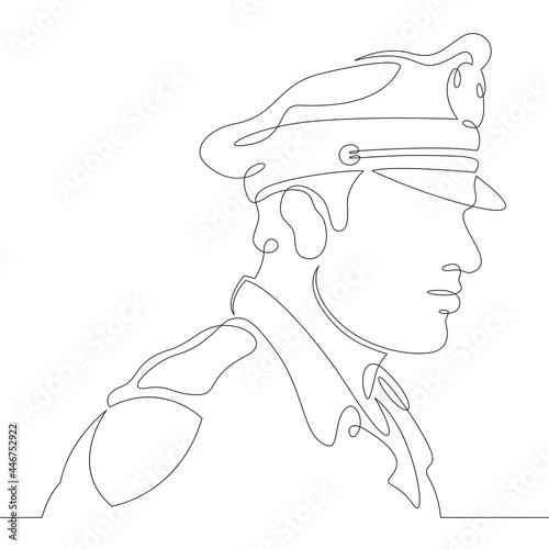 One continuous line. Male character professional police officer in a uniform cap. One continuous drawing line logo isolated minimal illustration.