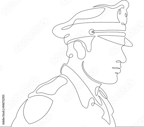 One continuous line.
Male character professional police officer in a uniform cap.
One continuous drawing line logo isolated minimal illustration.