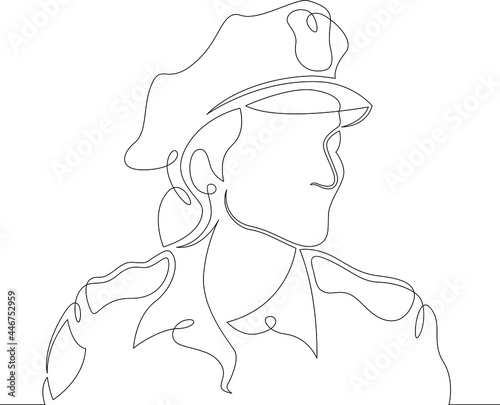 One continuous line
Female character professional police officer in a uniform cap.
One continuous drawing line logo isolated minimal illustration.