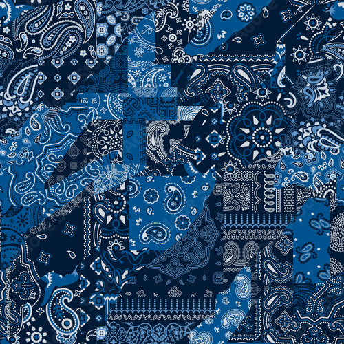 Blue bandana kerchief paisley fabric patchwork abstract vector seamless pattern 
