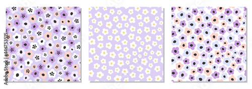 Cute set of seamless pattern with primitive naive art flowers in 70s style