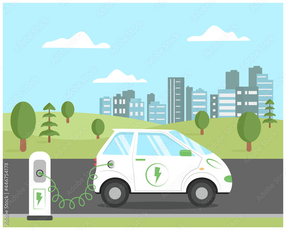 An electric car charges its battery in nature. Ecology, environment, clean air in the city. Vector illustration in flat style.