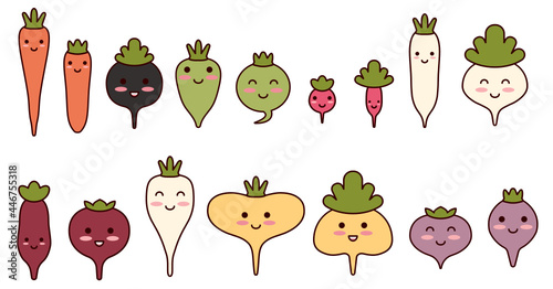 Cute cartoon vegetables. Kawaii root vegetables smile at baby. Beetroot, turnip, radish, rutabaga, daikon to create stickers. Flat outline illustration with sugar beet, margelan radish. Vector clipart photo