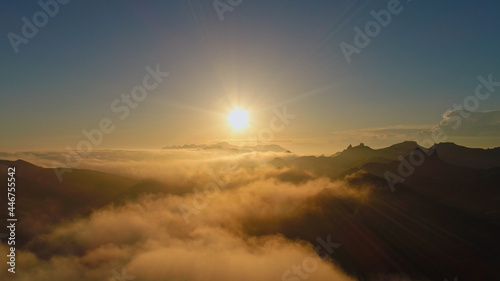 Aerials Malibu Santa Monica Mountains Sunset Misty Covered, California