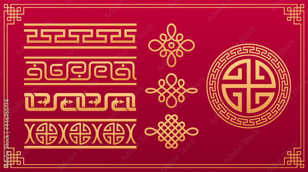 Oriental knots. Chinese pattern. Asian knotting, asian decorative geometric ornament. Chinese and Japanese vector geometric and node gold pattern isolated on red background.