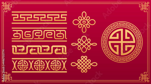 Asian decorative elements. Oriental knots. Chinese pattern. Asian knotting, asian decorative geometric ornament. Chinese and Japanese vector geometric and node gold pattern isolated on red background.