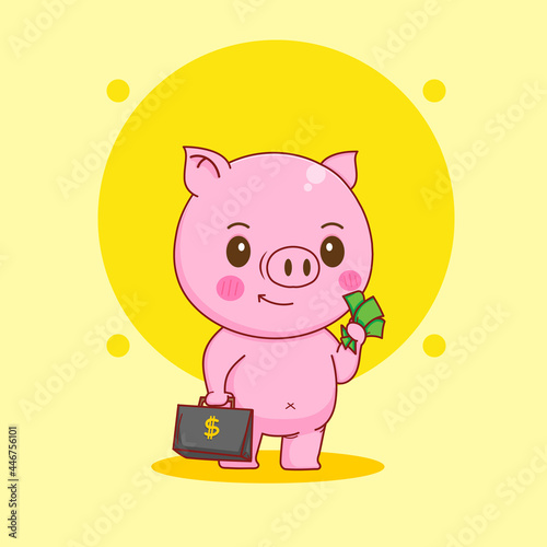 Cute rich pig with money cartoon character illustration