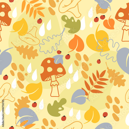 Seamless autumn vector pattern with mushrooms  leaves and berries. Colorful cartoons wallpaper with falling leaves.