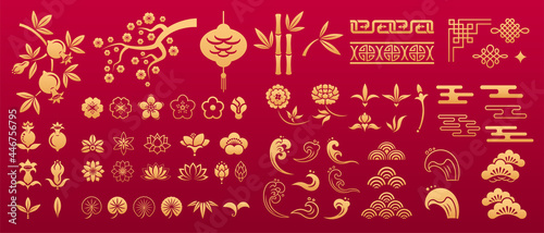 Chinese decorative elements and patterns. Asian traditional decorative elements and patterns. Floral elements: sakura, lotus, peony, chrysanthemum, garnet. Geometric and nodal pattern, lantern, cloud.