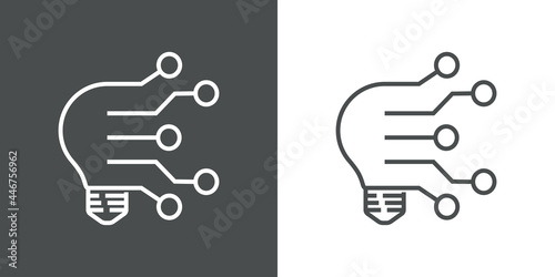 Tecnología electrónica. Bombilla con circuito digital con lineas en fondo gris y fondo blanco