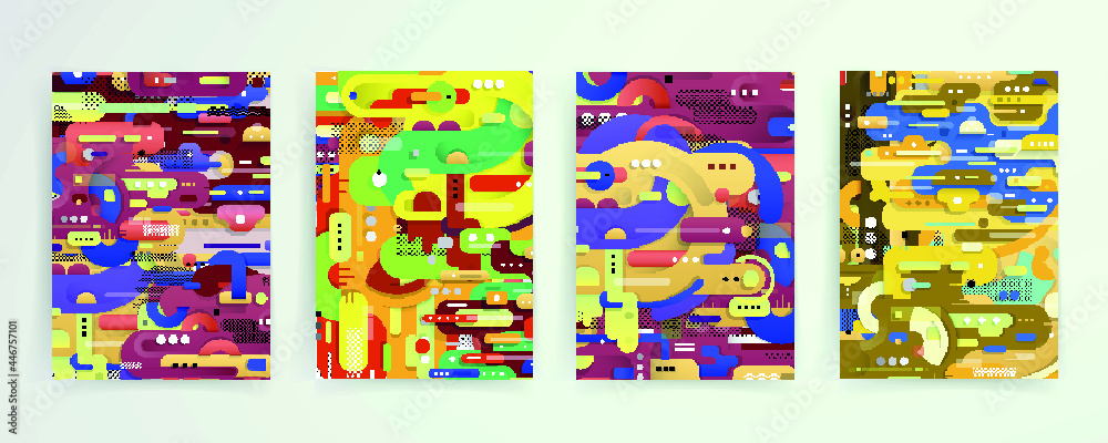 Covers templates set with graphic geometric elements. Applicable for brochures, posters, covers and banners. Vector illustrations.