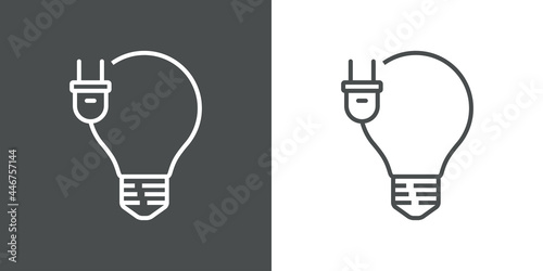 Logotipo bombilla con cable con enchufe con lineas en fondo gris y fondo blanco
