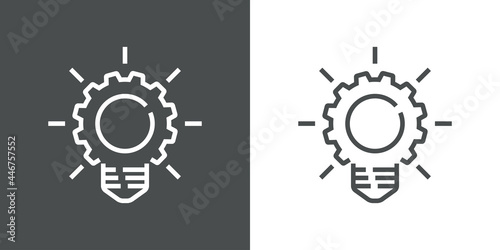 Logotipo de bombilla con forma de engranaje con lineas en fondo gris y fondo blanco