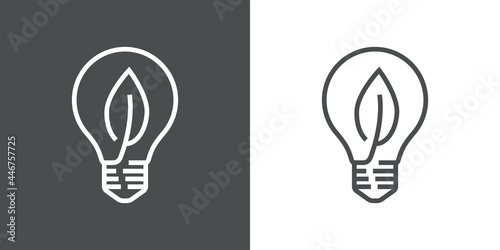 Energía eléctrica natural. Logotipo bombilla con hoja de planta con lineas en fondo gris y fondo blanco