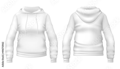 Blank white hoodie template. Front and back views. Photo-realistic vector illustration.