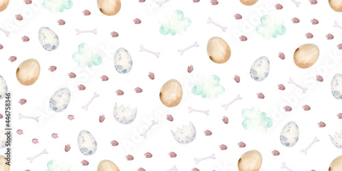 seamless pattern with archeology elements, bones, eggs, footprints, cute childish illustration