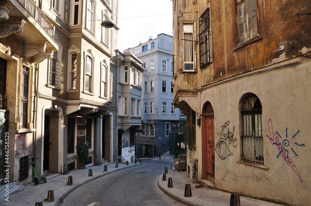 Panoramic view of the street of Istanbul. Old stone houses. July 11, 2021, Istanbul, Turkey.
