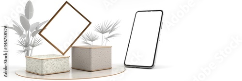 3D rendering of The golden photo frame on Square marble Pedestal, Mobile phone mockup tilted to the ground. Pedestal can be used for commercial advertising, Isolated on Minimal white background.