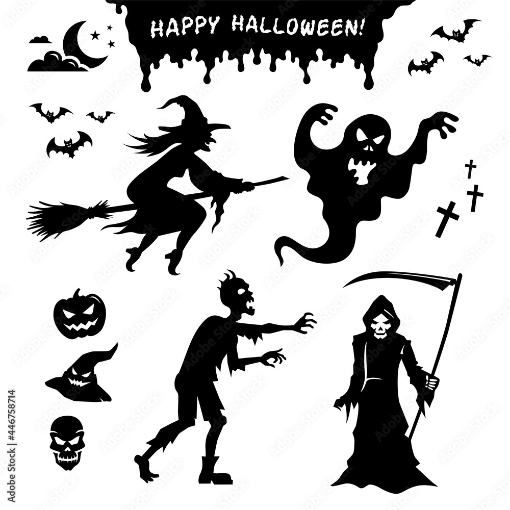 Halloween stickers. Black silhouettes of monsters, objects, elements in vector set. Witch, zombie, ghost, Grim Reaper, pumpkin, witch's hat, skull isolated on white background with bats and cross. Halloween stickers. Black silhouettes of monsters, objects, elements in vector set. Witch, zombie, ghost, Grim Reaper, pumpkin, witch's hat, skull isolated on white background with bats and cross.