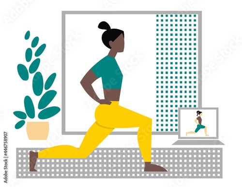 Fitness online at home. Woman doing sports exercises in online classes using laptop. The concept of learning online and staying home during a pandemic. Flat image isolated on white background. 