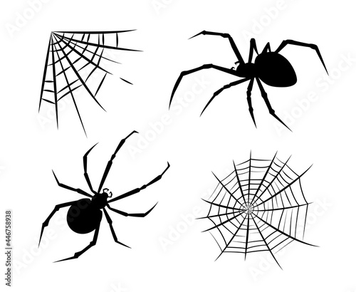 Spider stickers. Spider silhouettes. Halloween. Spiderweb silhouettes spiderweb stickers. Vector set. Black poisonous spider karakurt and spiderweb isolated on white background.