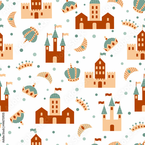 Castle and crown seamless vector pattern. French towels and royal jewelry for print, wrapping paper, fabric, children wallpaper.