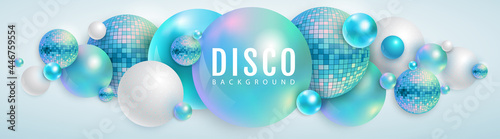 3D abstract background with holographic blue spheres and disco ball spheres. Disco ball background. Disco party poster. Vector illustration