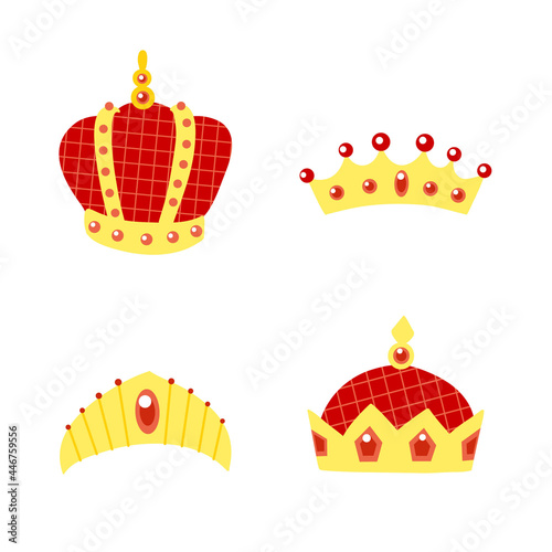 Simple red and gold crowns with jewelry icon set. Graphic vector royal treasure isolated.
