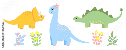 Cute dino vector set in scandinavian style for children. Stegosaurus, Triceratops, Brontosaurus isolated on white.