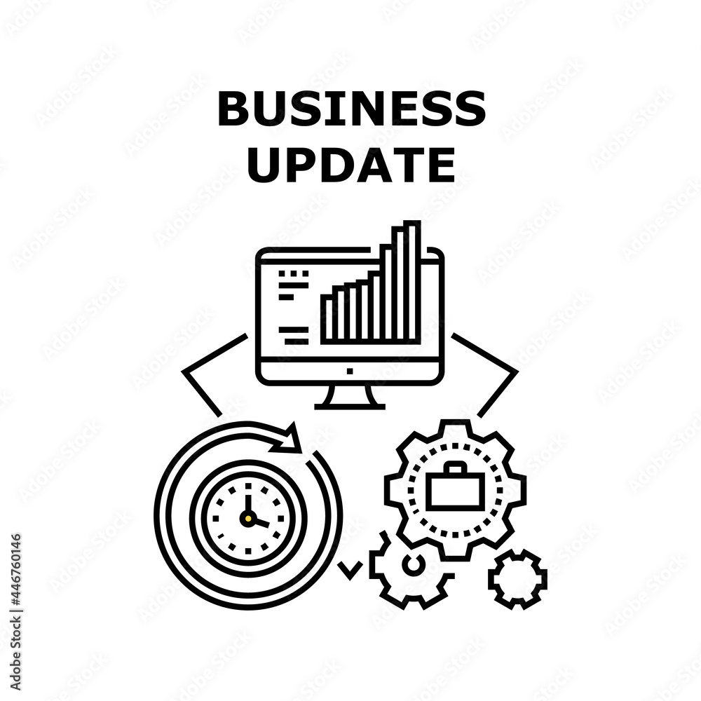 Business Update Vector Icon Concept. Business Update Technology And Updating Time Process For Earning Money, Researching. Finance Infographic Report Researching On Computer Black Illustration