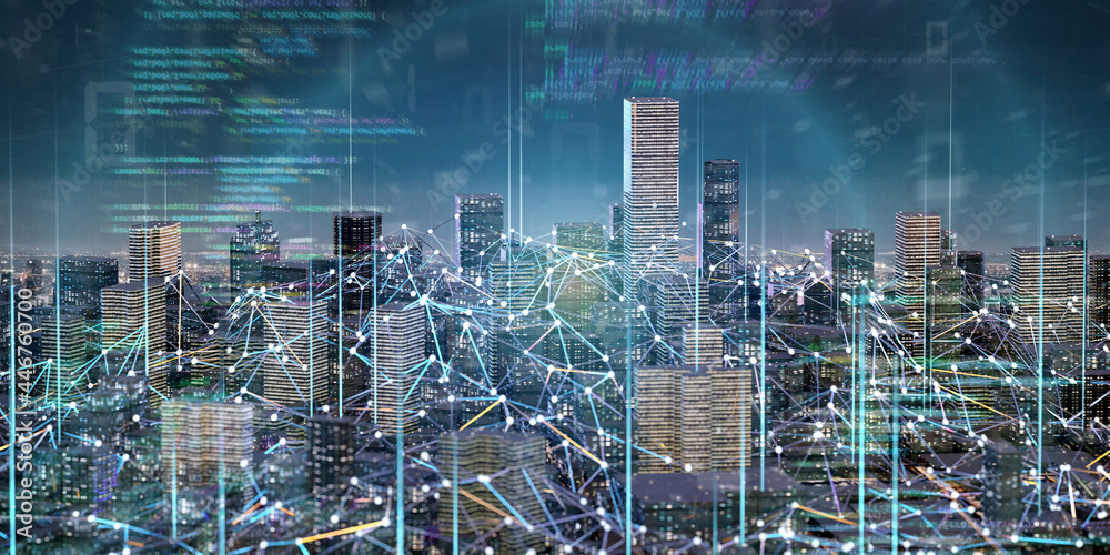 Naklejka premium Smart city with network and communication connection - 3d rendering