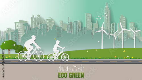 Green renewable energy environmentally friendly sustainable concepts, father and son are riding bicycle in city parks. Paper folding art origami style vector illustration
