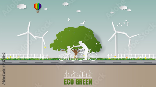 Paper folding art origami style vector illustration Sustainable green energy ecology concepts, father and son are to join hands together while do activities cycling in park of green meadow