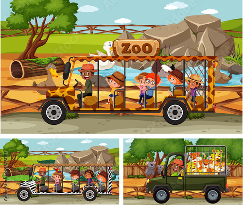 Different safari scenes with animals and kids cartoon character
