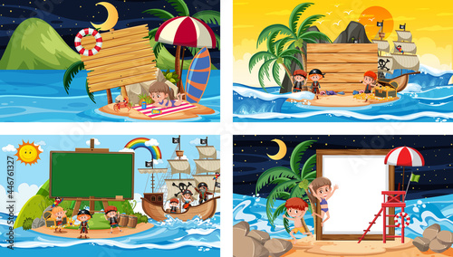 Set of different tropical beach scenes with blank banner