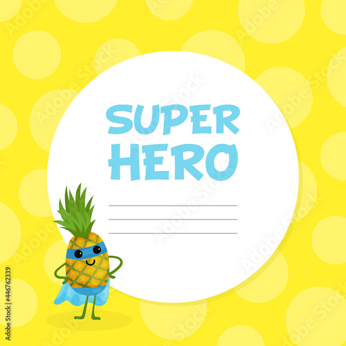 Funny Pineapple Hero in Mask and Cloak Near Lined Round Frame Vector Illustration