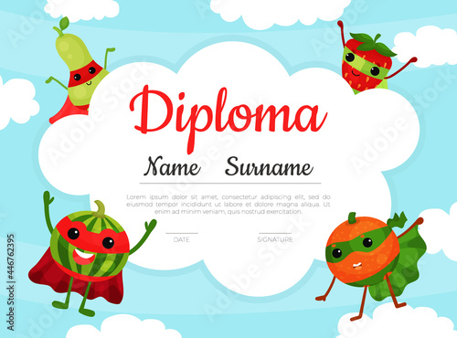 Diploma with Funny Fruit Hero in Mask and Cloak Near White Empty Board Vector Template