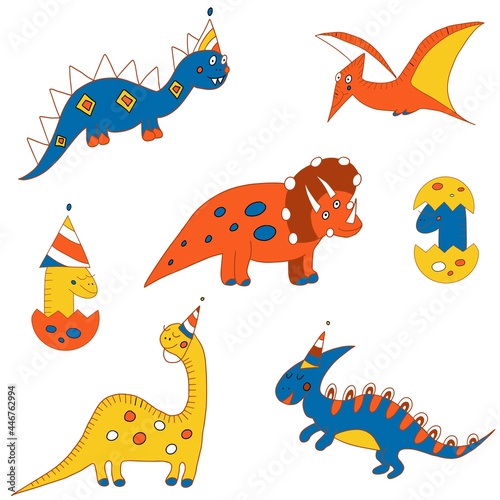 a set of colorful dinosaurs for kids as a game, for holidays as a background
