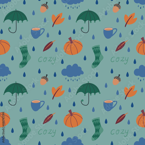 Cute autumn seamless pattern with hand drawn umbrella, rain cloud, autumn leaves, warm socks, rain drops, hot tea cup. Rainy weather cozy hygge Scandinavian background. Vector ambient backdrop.