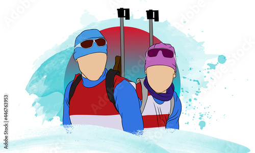 Men's and women's biathlon teams. Vector illustration.