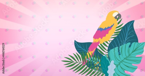 Composition of parrot over tropical leaves with copy space on patterned pink background