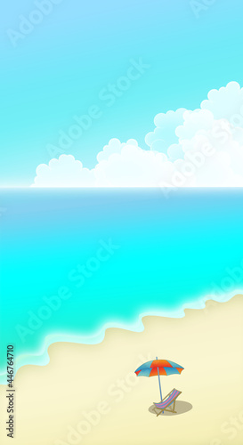 Beach, blue sky with clouds and parasol summer vacation, sand and waves. Vector illustration