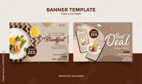 Social Media banner template post with phone for food, restaurant and culinary sales,, brown  background color 