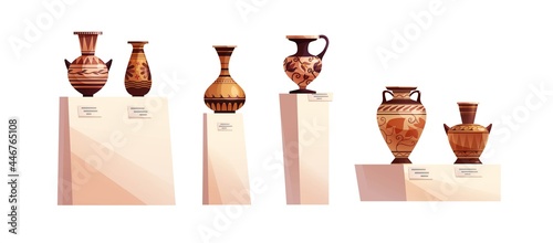 Antique Greek vase with decoration. Ancient traditional clay jar or pot for wine. Vector cartoon illustration.