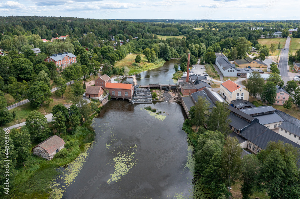 Aerial view of the Billnäs village, an old ironworks and industrial area in Finland.