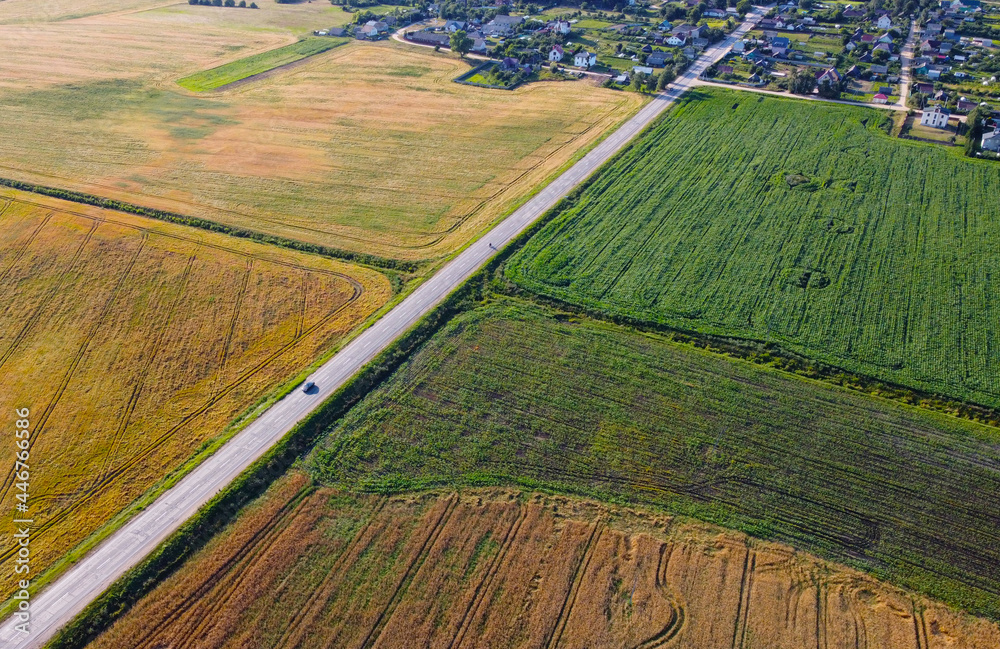 Aerial view of rural summer fields and meadows