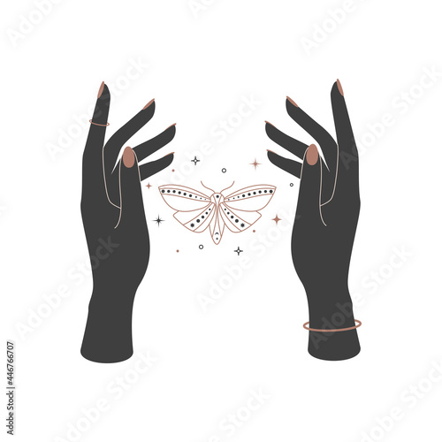 Mystical celestial night butterfly between woman hands. Spiritual elegant moth for branding name logo. Esoteric magic Vector illustration