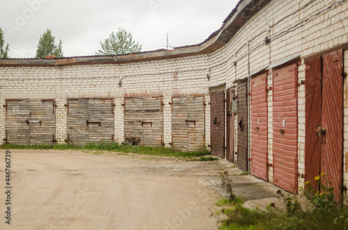 Car garages on the outskirts of the residential area, Kuldiga, Latvia.