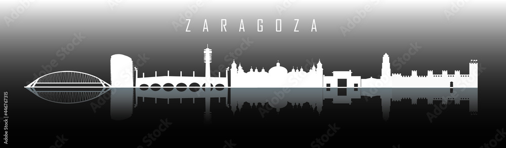 White Zaragoza skyline on black background with reflection