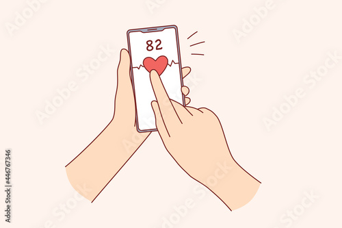 Digital devices for checking health concept. Human hand holding digital device registering heartbeat on mobile phone screen monitoring health condition vector illustration 